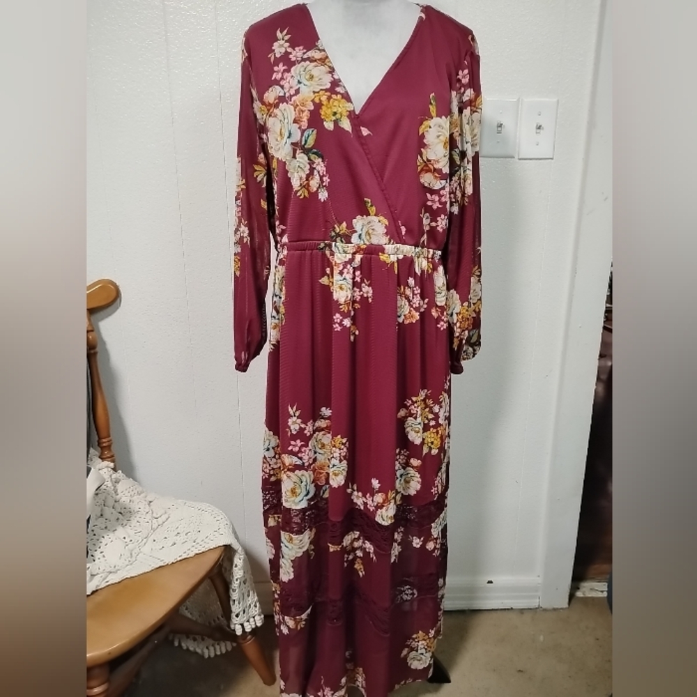 Whimsical Burgundy Lace Chiffon Floral Maxi Dress Size 2X Boutique Plus Boho